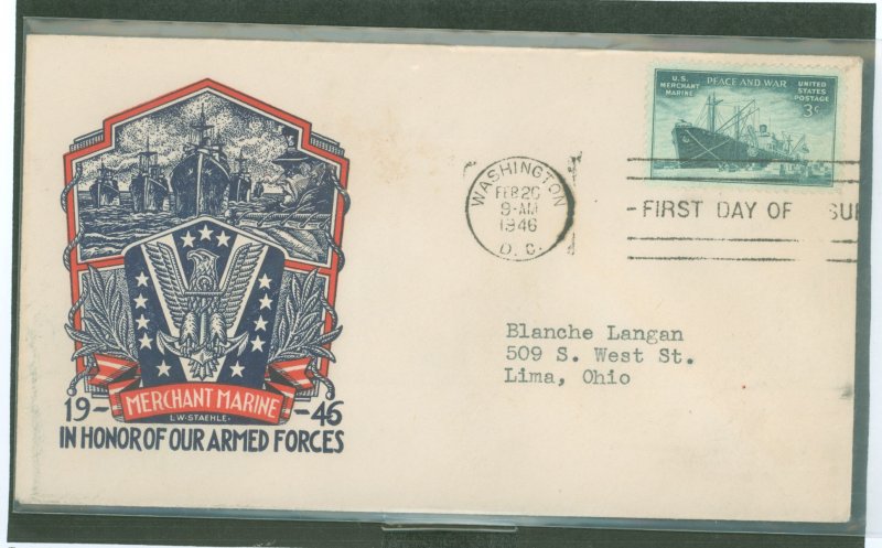 US 939 Merchant Marine L.W. Staehle FDC, gum stains, addressed