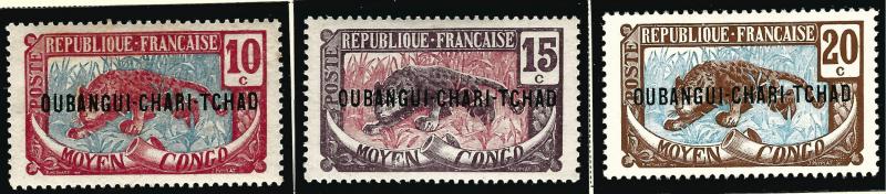 French Ubangi-Shari (Sc #6, 8- 9) F-VF Mint OG hr...Difficult to find!