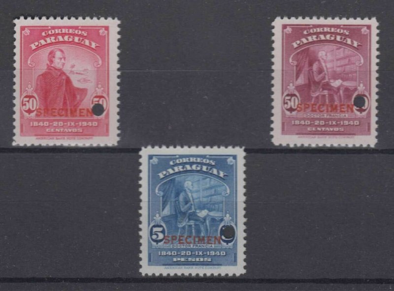 PARAGUAY 1940 Sc 382-383 & 385 TOP VALUE PERF PROOFS + “SPECIMEN” MNH F,VF