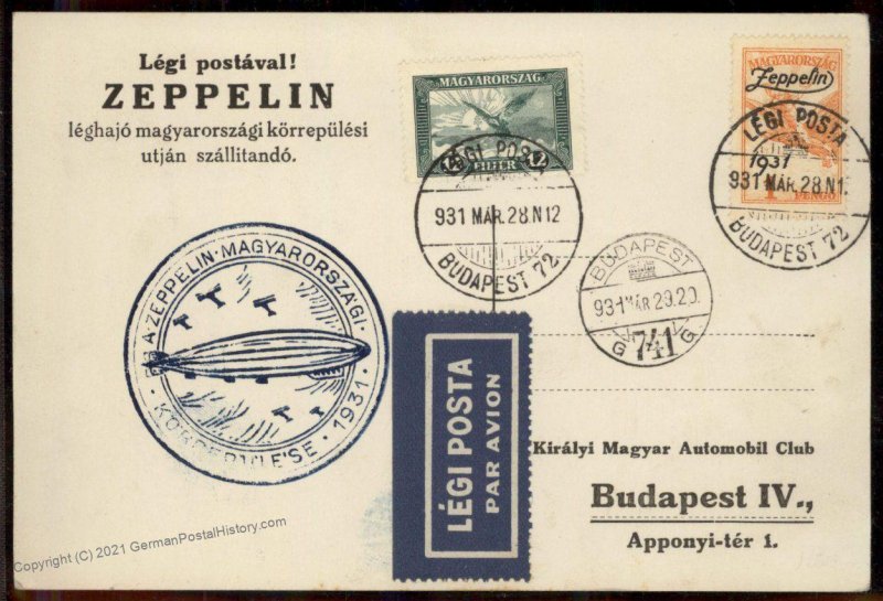 Hungary 1931 Graf Zeppelin 1p Flown Si102Aa Cover Budapest 100813