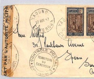 France Cols CAMEROON WW2 Cover Yaounde CENSOR 1942 Epsom Surrey ZF116