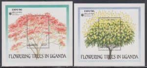 UGANDA Sc # 765-6 CPL MNH SET of 2 S/S - EXPO '90 OSAKA, JAPAN - FLOWERING TREES