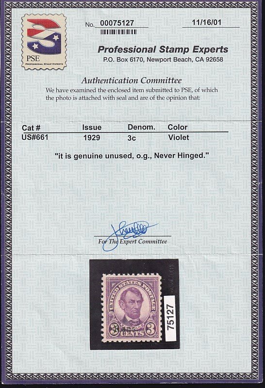 Scott #661, PSE Cert, VF/XF centering, Mint, Never Hinged