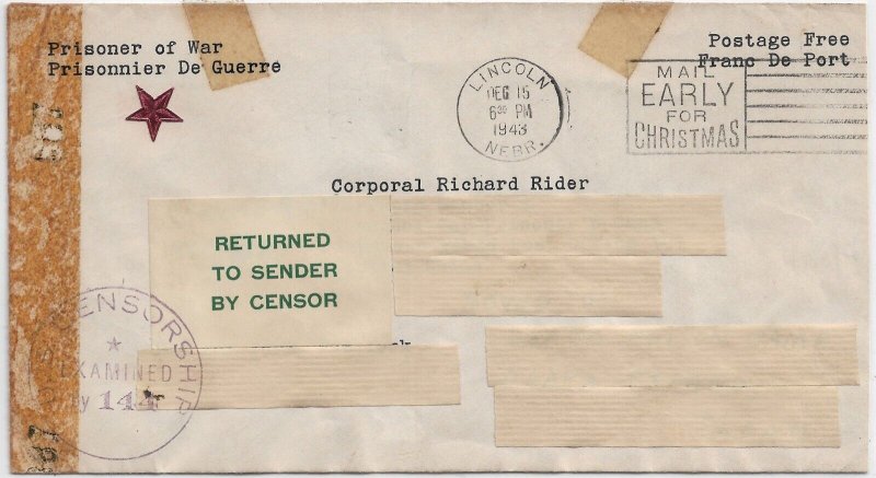 Lincoln, Ne to US Marine at Shanghai Prison War Camp, China 1943 RTS (C5483)