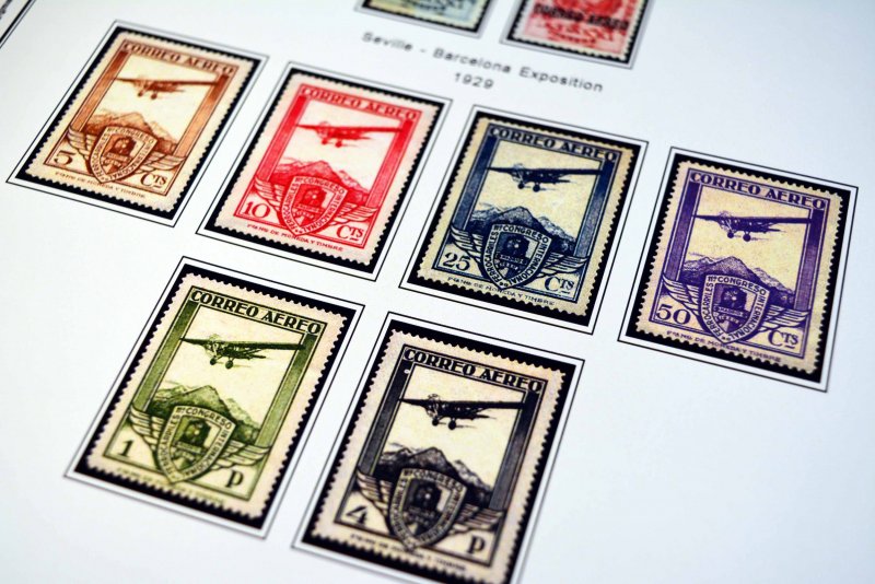 COLOR PRINTED SPAIN AIRMAIL 1920-1983 STAMP ALBUM PAGES (20 illustrated pages)