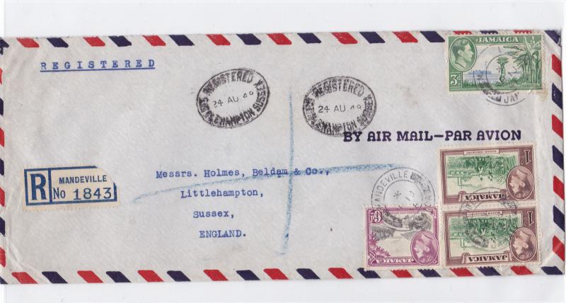 jamaica  1948 large  registered air mail stamps cover ref r15522