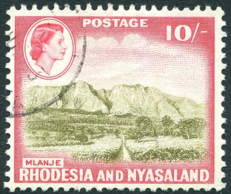 RHODESIA & NYASALAND-1959-62 10/- Olive-Brown & Rose-Red Sg 30  FINE USED V23463