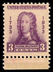 US Sc 726 MNH Margin Single - 1933 3¢ Gen. James Oglethorpe