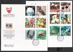 Bahrain, Scott cat 590 A-L. Fauna issue on 2 large First day covers.