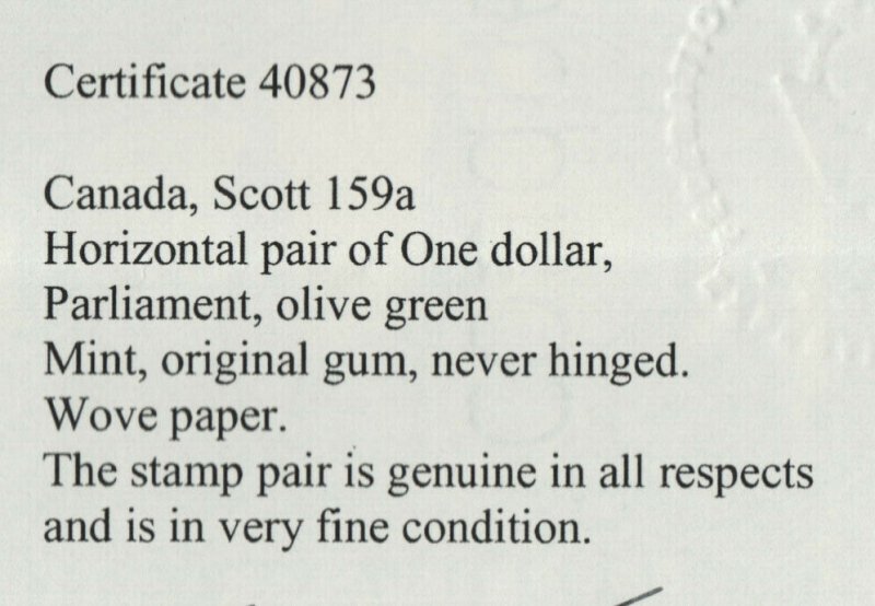 Canada #159a Very Fine Never Hinged Imperf Pair **With Certificate**