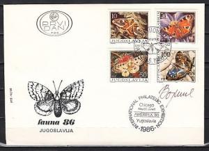 Yugoslavia, Scott cat. 1788-1791. Butterflies issue on a First day cover. ^