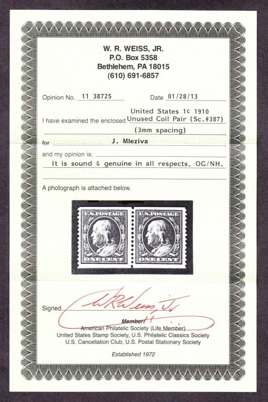 US 387 1c Franklin Mint Coil Pair w/ Weiss Certificate VF OG NH SCV $1050