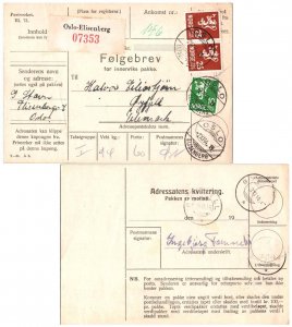 Norway 10o and 25o (2) Lion Rampant 1944 Oslo-Elisenberg Domestic Parcel Card...