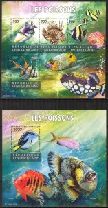 Central African Republic 2015 Marine Life Fishes (2) Sheet + S/S MNH