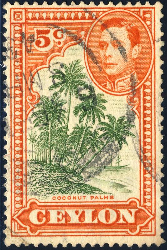 CEYLON - SG387f KGVI 5c sage-green & orange (p.13-1/2) - VFU