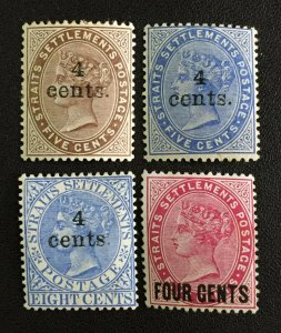 MALAYA Straits Settlements 1898-99 QV 4 cents opt Variety Mint SG#106-109 M3885