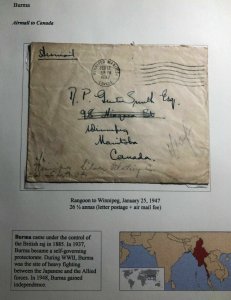 1947 Rangoon Burma Airmail Cover To Winnipeg Canada