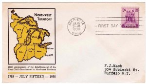 USA FDC 1938 Sc 837 Linprint Cachet Northwest Territory Marietta OH