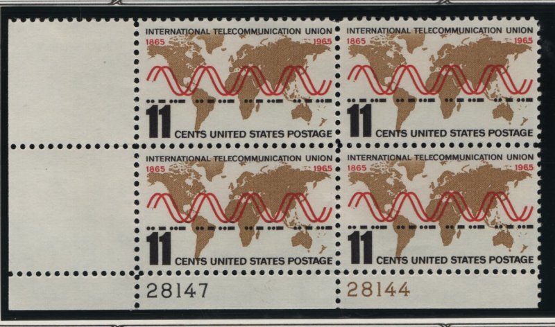 US, 1274, MNH, PLATE BLOCK, 1965, TELECOMMUNICATION UNION