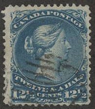 CAN SC #28b U 1868 12 1/2c Q Victoria w/short perf @ UL CV $150.00