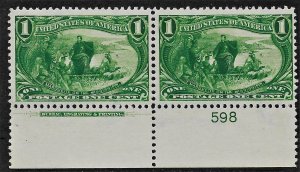 US 1898 Sc. #285 pl#598 and imprint pair VF NH Cat. Val. $175.00