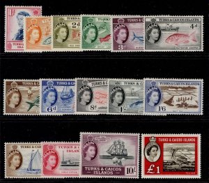 TURKS & CAICOS ISLANDS QEII SG237-250 + 253, 1957 complete set, M MINT. Cat £120