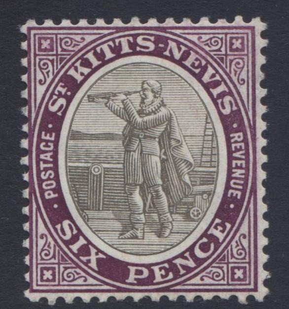 St. KITTS-NEVIS-Scott 19-Columbus-1905-MVLH-WMK 3-Single 6p Stamp