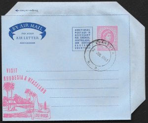 RHODESIA & NYASALAND Aerogramme 6d Queen 1959 Luanshya cancel Lake Nyasa Cachet!