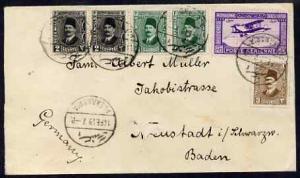 Egypt 1929 cover Alexandria to Germany with various adhes...