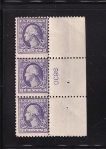 1918 Sc 530 3c purple MNH OG plate number strip of 3 (plate block CV $55) (B4