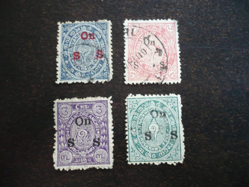 Stamps - Travancore - Scott# O1-O4 - Used Partial Set of 4 Stamps