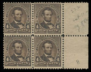United States, 1890-93 #222 Cat$400, 1890 4c dark brown, sheet margin block o...
