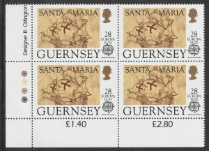 Guernsey 559 Christopher Columbus Pinta 28p plate block 4 LL MNH 1992