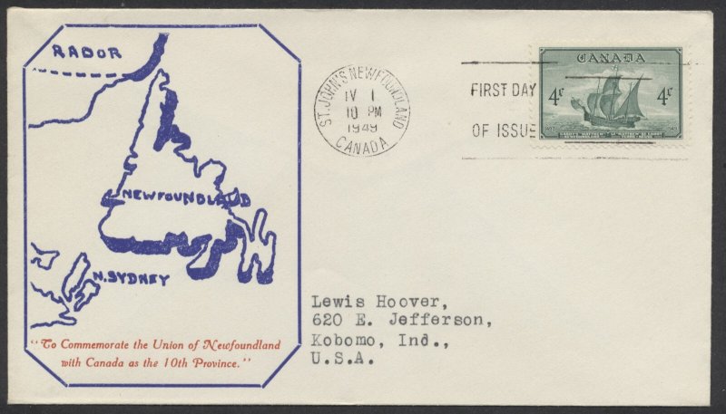 1949 #282 Newfoundland FDC Blue Map Cachet St John's