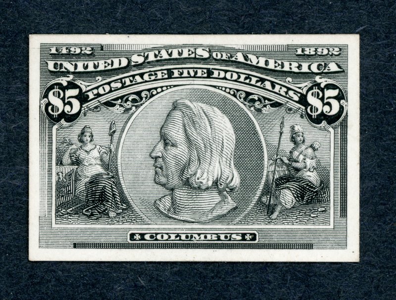 #245 – 1893 $5 Columbus, black. P4 Card Plate. MH No Gum. XF