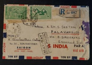 1965 Saigon Vietnam to Palavangudi India Registered Multi Franking Airmail Cover