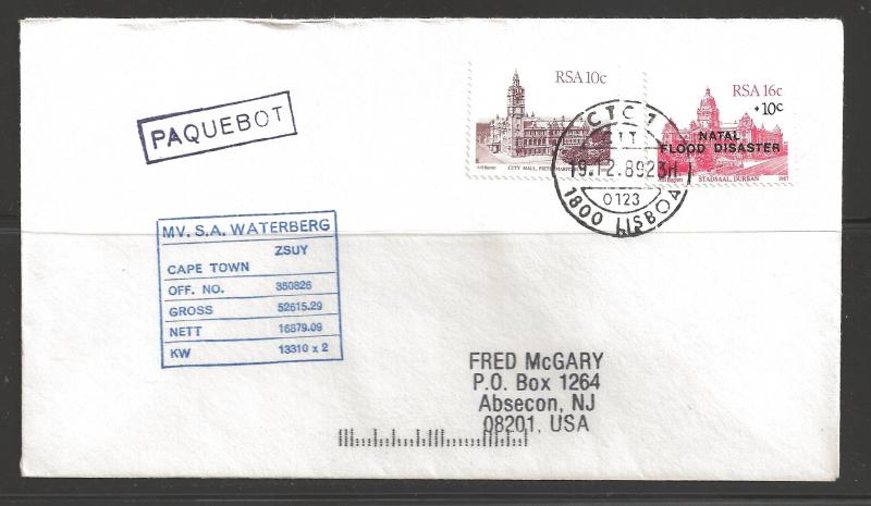 1989 Paquebot Cover, South Africa stamps used in Lisbon, Portugal