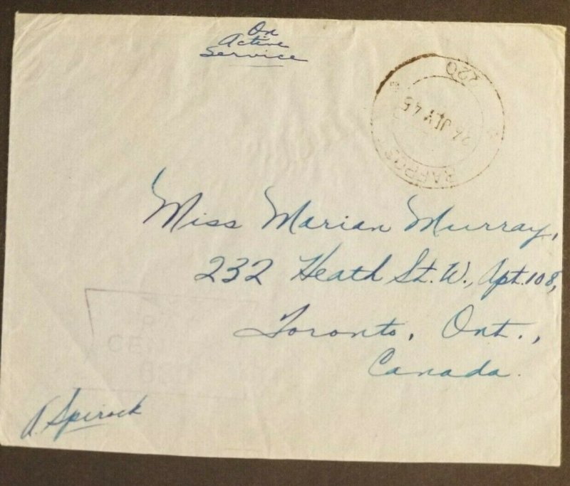 1945 Karachi India to Toronto Royal Canadian Air Force Censorship Air Mail Cover