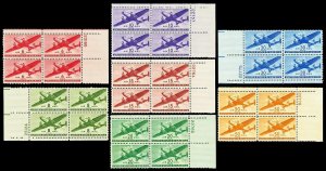 Scott C25-C31 6c-50c Transport Airmail Plate Blocks of 4 Mint NH Cat $81.20