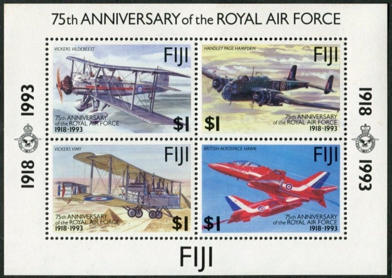Fiji 687-690,691 sheet, MNH. Mi 682-685, Bl.10. Royal Air Force, 75th Ann. 1993.
