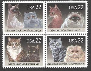 US Block of 4, # 2372-75, Cats, MNH*-