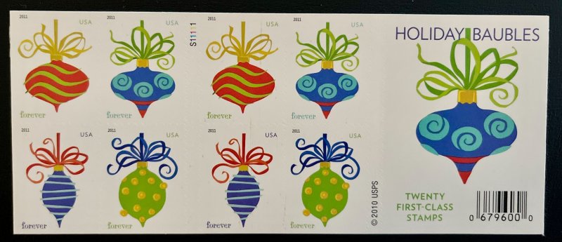US 4571-74 // 2011 Forever Holiday Baubles Stamps // Complete Booklet // MNH