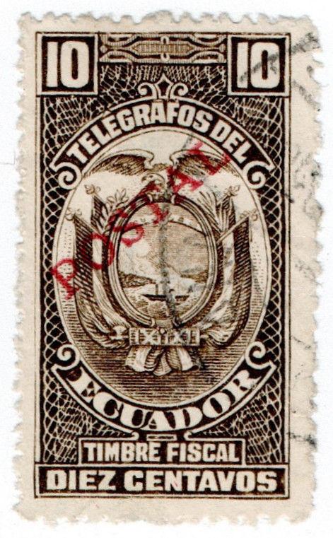 (I.B) Ecuador Telegraphs : 10c Brown (postal overprint)