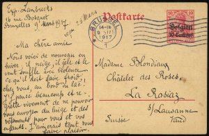 Belgium Brussel WWI German Occupation 1917 Card to Switzerland 10c Postage