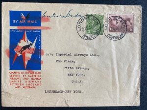 1934 Longreach Australia First Flight Airmail cover FFC to New York USA