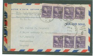US 807 Seven 3c Jefferson prexies overpaid by 1c the 20c per half ounce airmail rate to Uruguay in effect April 1, 1945 to Octob