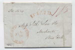 1832 Northampton MA magenta cDS stampless letter pointing hand paid [k.520]