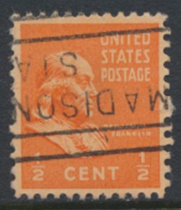 USA  SC# 803 Used  Franklin - Madison Station cancel 1938 see scan