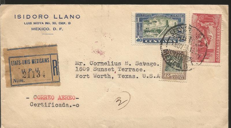 J) 1938 MEXICO, EAGLE MAN AND MOUNTAIN, MULTIPLE STAMPS, REGISTERED, AIRMAIL, CI