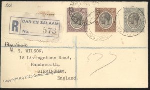 British 1928 East Africa England Cover Dar-Es-Salaam DOA Birmingham Regi G112431